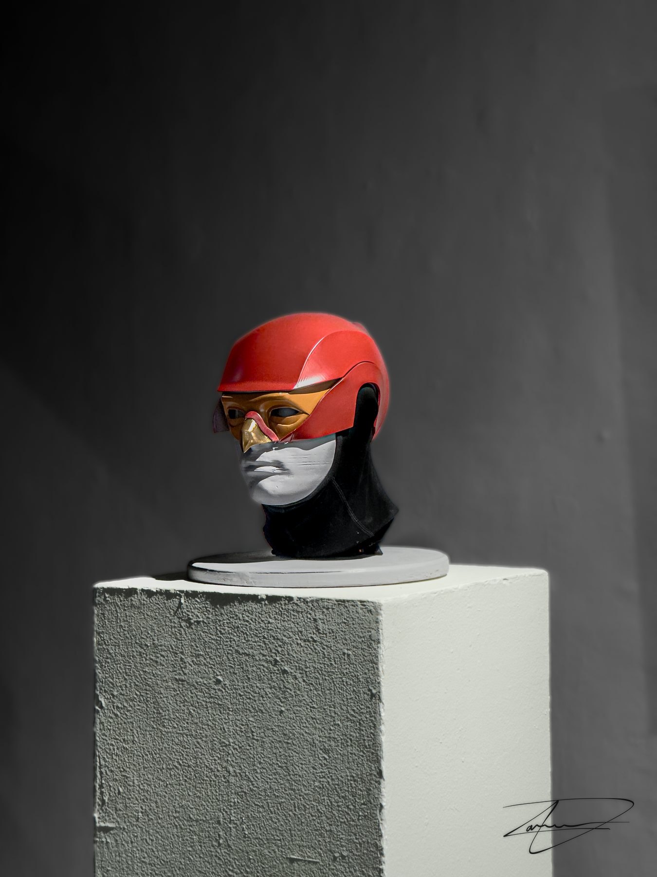 The finished helmet, on a 3D printed cast of my own head.