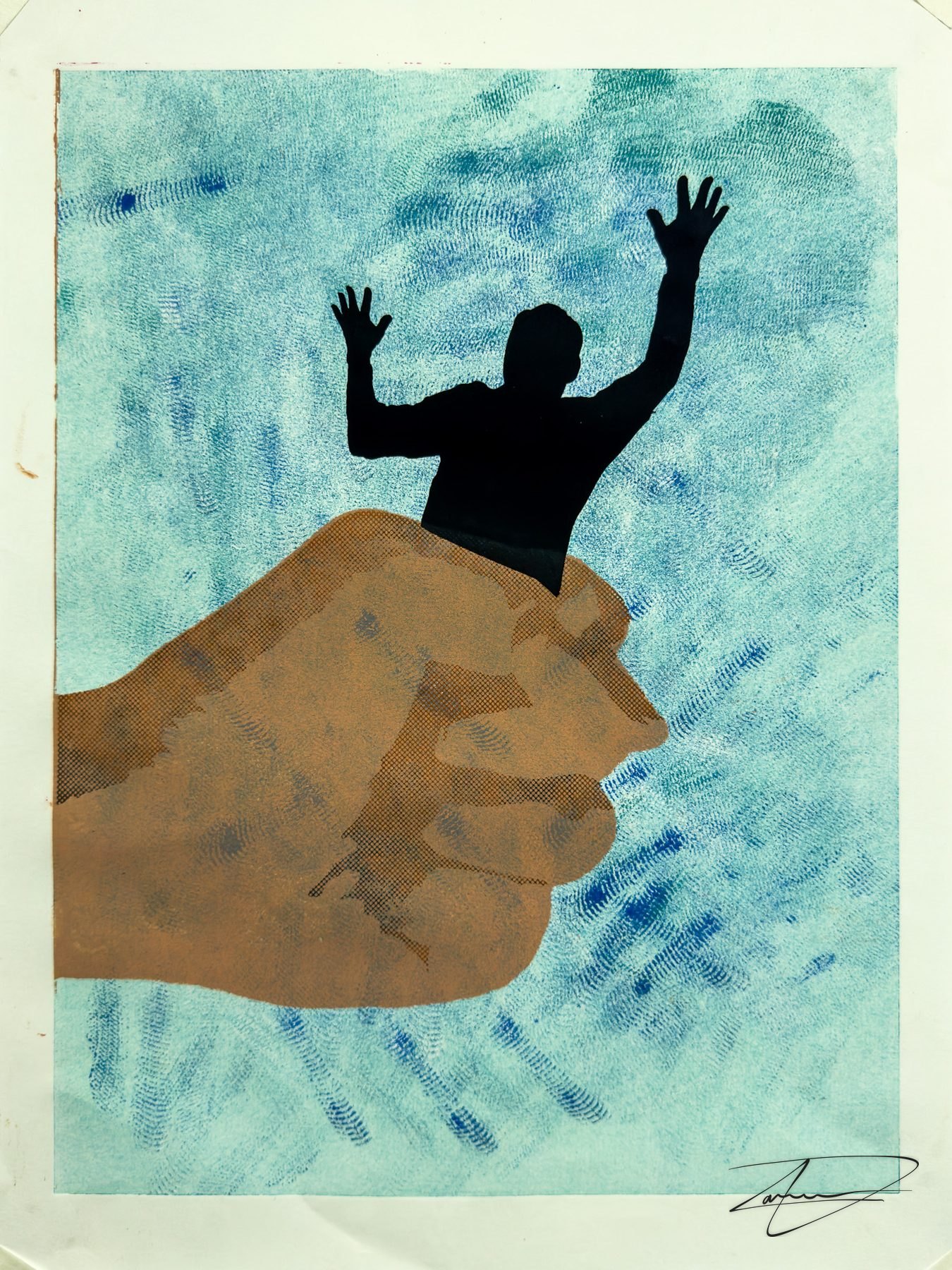 One image, printed in many versions. Each combines three processes on a single sheet: the figure and the halftone screen printed, the hand a laser cut paper stencil, and the background a mono relief.