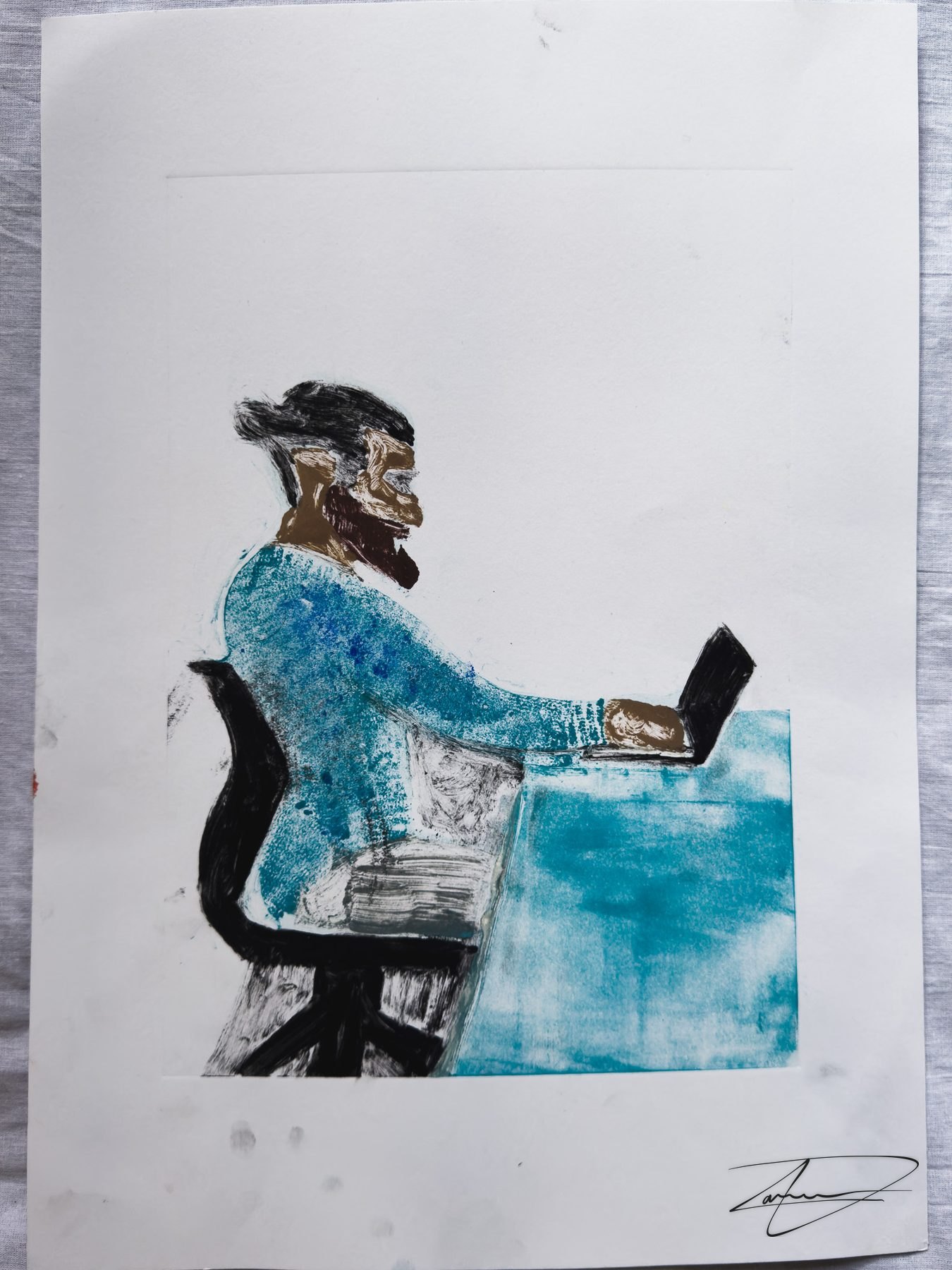 Painted onto a clear plate and printed as a mono relief.