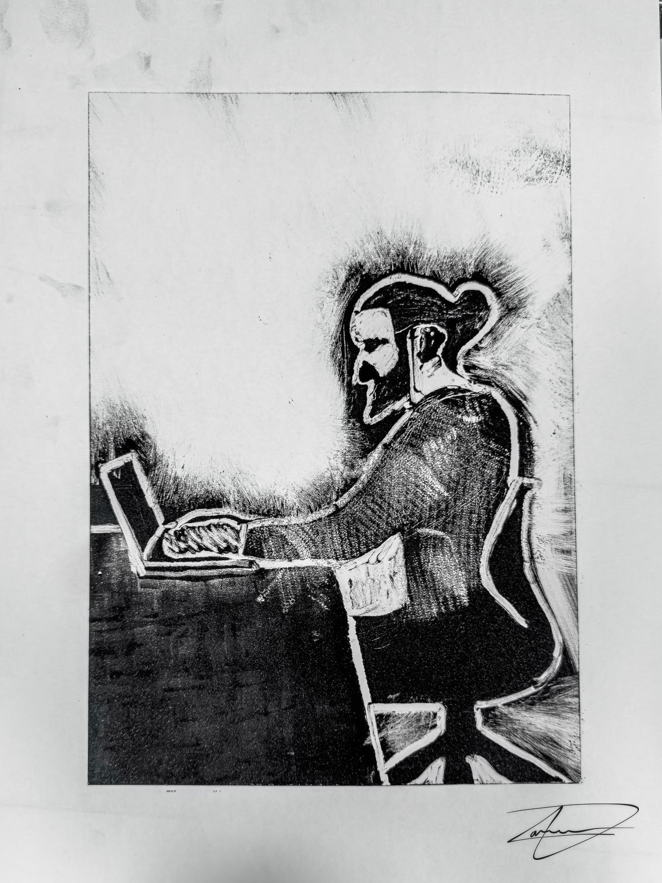 Painted onto a clear plate and printed as a mono relief.